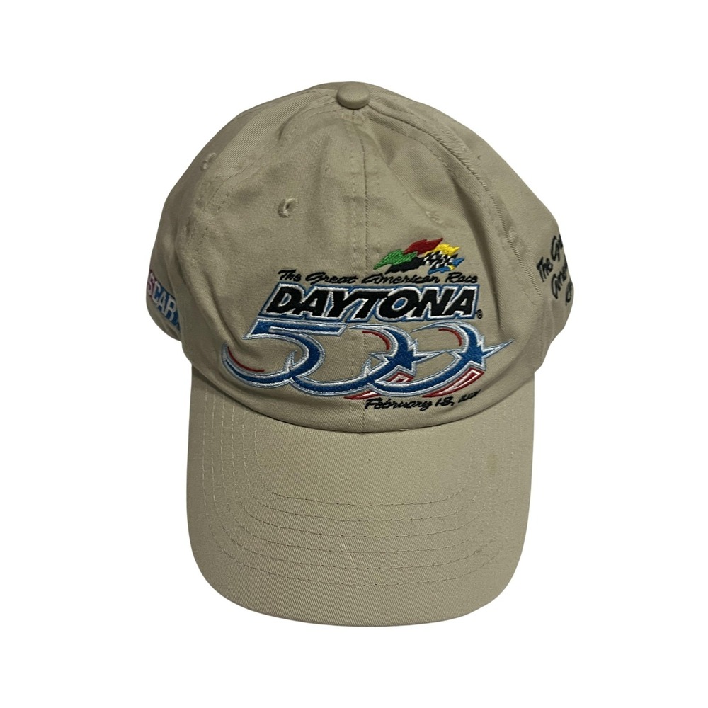 Vintage Daytona 500 Hat Cap Mens One Size Beige NASCAR Racing Snap Back 2001